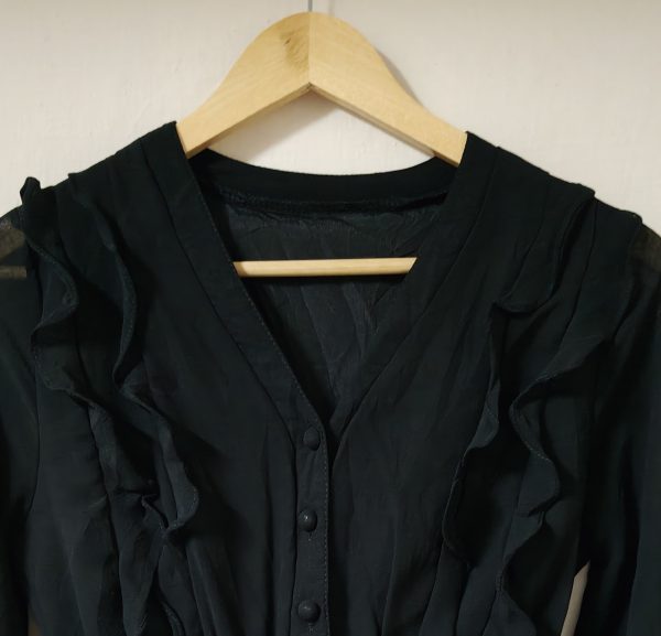 Long sleeves black dress with ruffles and tie cuffs - Image 2